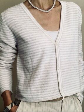 Magaschoni Cream and Tan Striped Cashmere V-Neck Cardigan